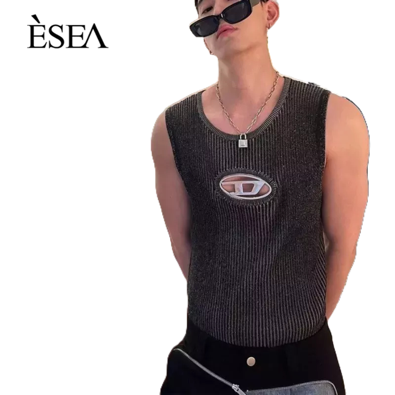 esea-เสื้อกั๊กผู้ชายบางส่วนเกาหลีถักเสื้อกั๊กผู้ชายช่องตัวอักษรกลวงแขนกุดเสื้อยืด