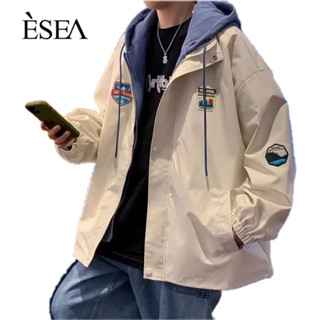 ESEA เสื้อโค้ทผู้ชายแบรนด์อินเทรนด์ความรู้สึกพรีเมี่ยมฤดูใบไม้ผลิและฤดูใบไม้ร่วงใหม่ปลอมสองชิ้นมีฮู้ดแฟชั่นแฟชั่นยอดนิยมเสื้อโค้ทผู้ชาย