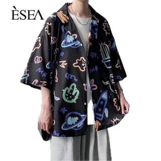 ESEA เสื้อเชิ้ตแขนสั้นผู้ชายแบรนด์แฟชั่น INS สไตล์แฟชั่นเกาหลีพิมพ์เสื้อเชิ้ตยอดนิยมของผู้ชาย