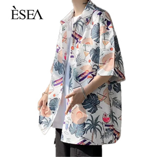 ESEA เสื้อเชิ้ตผู้ชายคู่รักหลวมทุกแมตช์เสื้อเชิ้ตผู้ชายชายหาดพิมพ์ลำลองผู้ชายแขนสั้น