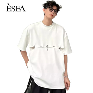 ESEA ผู้ชายเสื้อยืดสไตล์อเมริกันย้อนยุคลำลองผู้ชายเสื้อยืดแนวโน้มถนนสูงแฟชั่นสั้น-แขน