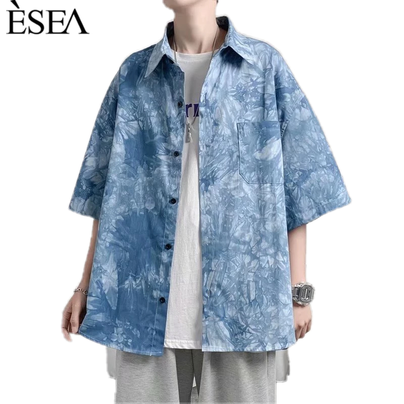 esea-เสื้อเชิ้ตผู้ชายแฟชั่นญี่ปุ่นลำลองผู้ชายเสื้อเชิ้ตมัดย้อมทรงหลวมสไตล์ฮิปฮอปอินเทรนด์แขนสั้น