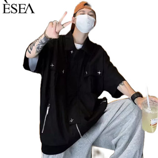 ESEA เสื้อเชิ้ตแขนสั้นผู้ชายแบรนด์อินเทรนด์บางฤดูร้อนและฤดูใบไม้ร่วงความรู้สึกระดับไฮเอนด์แฟชั่นญี่ปุ่นยอดนิยมกระดุมโลหะเสื้อเชิ้ตผู้ชาย