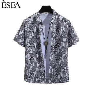 ESEA เสื้อเชิ้ตแขนสั้นผู้ชาย, สไตล์ฮาวาย, แฟชั่นบางฤดูร้อนและฤดูใบไม้ร่วง, พิมพ์ลายดอกไม้ป๊อป, เสื้อเชิ้ตผู้ชายริมชายหาดรีสอร์ท