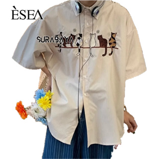 ESEA เสื้อเชิ้ตผู้ชาย ปักลายแมว ย้อนยุค เสื้อคู่รัก สไตล์ฮ่องกง แมทช์ลำลอง แขนสั้น