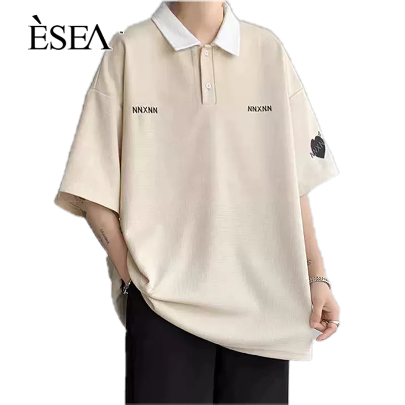 esea-เสื้อยืดผู้ชาย-ลำลอง-เทรนด์อเมริกัน-หลวม-ผู้ชาย-แขนสั้น-วาฟเฟิล-นักเรียน-แฟชั่น-คอโปโล-เสื้อยืดผู้ชาย