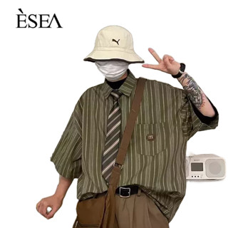 ESEA เสื้อเชิ้ตผู้ชาย เทรนด์แฟชั่น เสื้อเชิ้ตผู้ชายทรงหลวม ลายโบราณ ลำลอง ย้อนยุค ผู้ชาย แขนสั้น