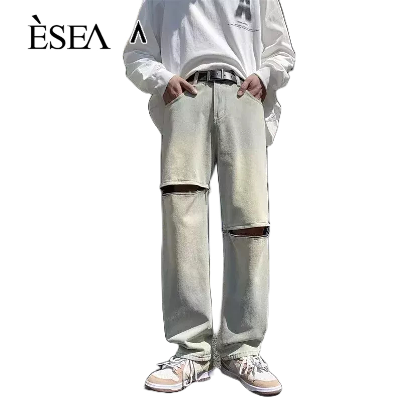 esea-กางเกงยีนส์ผู้ชาย-ขากว้าง-ทรงหลวม-แฟชั่นลำลอง-กางเกงขายาวผู้ชาย-มีซิป-ดีไซน์สไตล์เกาหลี-กางเกงผู้ชาย