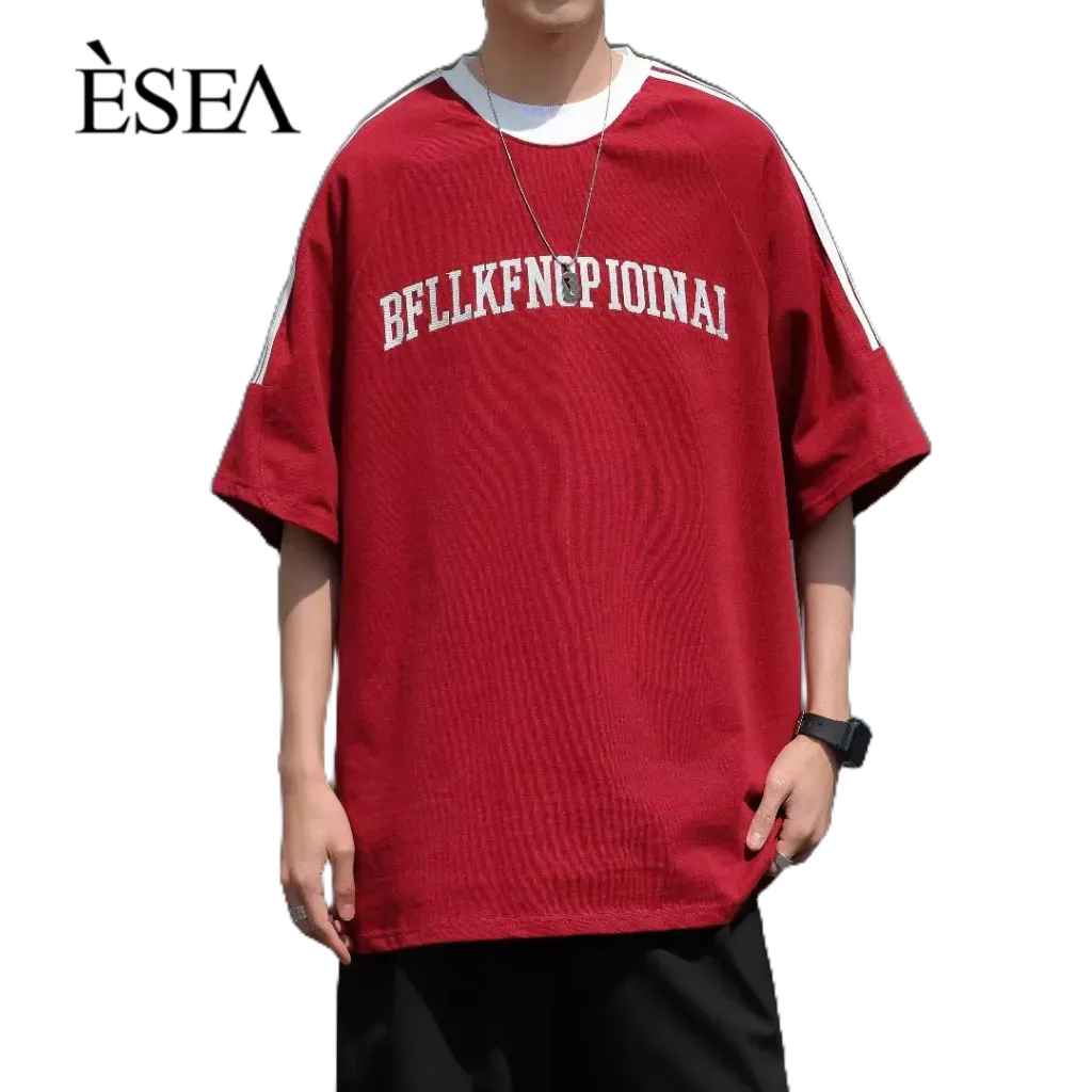 esea-ผู้ชายเสื้อยืดลำลองย้อนยุคหลวมผู้ชายเสื้อยืดใหม่ตัวอักษรที่เรียบง่ายปักแขนสั้น