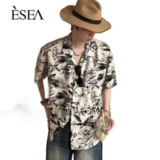 ESEA เสื้อเชิ้ตผู้ชาย เสื้อเชิ้ตลำลองผู้ชาย ลายดอกไม้ หมึกเปื้อน ชายหาด แขนสั้น