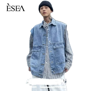 ESEA เสื้อกั๊กยีนส์ผู้ชายหลวมสบาย ๆ เสื้อแจ็คเก็ตผู้ชายสไตล์ bf เทรนด์แฟชั่นเสื้อกั๊ก