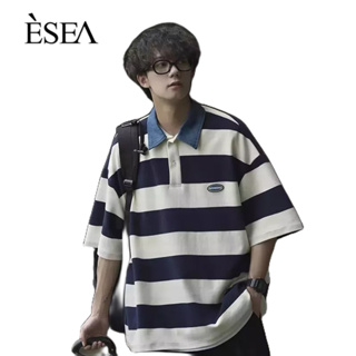 ESEA เสื้อยืดผู้ชายเทรนด์อเนกประสงค์ลำลองหลวมโปโลเสื้อเชิ้ตแฟชั่นอินเทรนด์ลายทางแขนสั้นหลวม