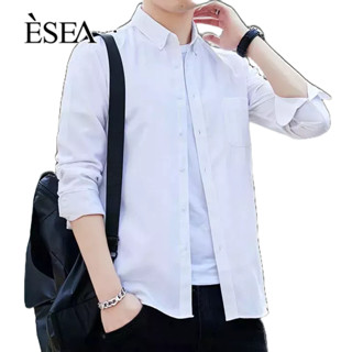 ESEA เสื้อเชิ้ตผู้ชายฤดูใบไม้ผลิและฤดูใบไม้ร่วงใหม่สีทึบที่เรียบง่ายหลวมผู้ชายเสื้อแขนยาวลําลอง