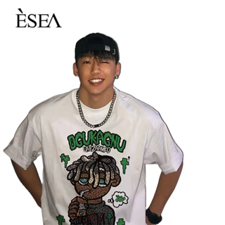 ESEA เสื้อยืดผู้ชาย คอกลม แนวสตรีท การ์ตูน เสื้อยืดคู่รัก หลวม อินเทรนด์ ฮิปฮอป แขนสั้น