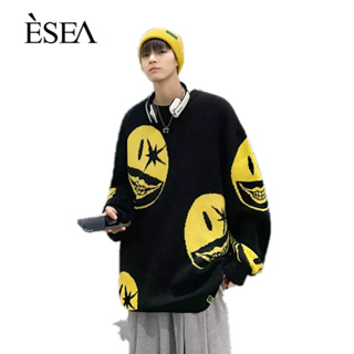 ESEA เสื้อกันหนาวสำหรับผู้ชายท่าเรือสบาย ๆ คอกลมหลวมเสื้อถัก  การเชื่อมต่อแบบเรียบง่าย