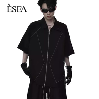 ESEA เสื้อเชิ้ตผู้ชายหลวมอินเทรนด์ลำลองสีทึบผู้ชายแขนสั้นทั้งหมดตรงกับแฟชั่นถนนแขนสั้นยอดนิยม