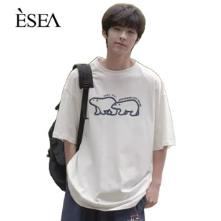 ESEA ผู้ชายเสื้อยืดลำลองแฟชั่นหลวมคู่เสื้อยืดญี่ปุ่นตัวอักษรหมีขั้วโลกพิมพ์แขนสั้น