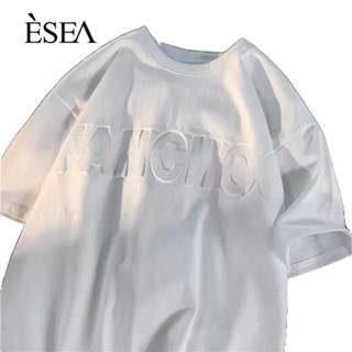 ESEA ผู้ชายเสื้อยืดผ้าฝ้ายแท้ถนนสูงอินเทรนด์อินเทรนด์แฟชั่นผู้ชายสั้นแขนหลวมสบายๆทั้งหมด-การแ