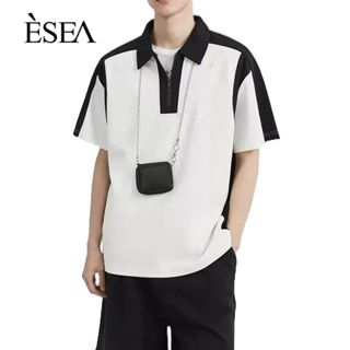 ESEA เสื้อยืดผู้ชายตัดกันเสื้อโปโลแฟชั่นเทรนด์ซิปผู้ชายสไตล์ยุโรปและอเมริกา