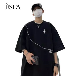 ESEA เสื้อยืดผู้ชายซิปออกแบบแฟชั่นสีทึบเสื้อยืดผู้ชายคอกลมแขนสั้นลำลองทุกวัน