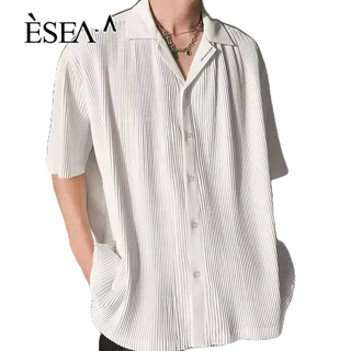 ESEA เสื้อเชิ้ตผู้ชายสีทึบอารมณ์ศิลปะแฟชั่นเสื้อเชิ้ตผู้ชายเทรนด์มาตรฐานฮาราจูกุแขนสั้น