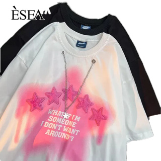 ESEA เสื้อยืดผู้ชายผ้าฝ้ายแท้ยุโรปและอเมริกาดาวโซ่แขนสั้นเสื้อยืดผู้ชายแนวโน้มหวานหน้าด้านคู่แฟชั่นสบายๆเสื้อยืดผู้ชาย