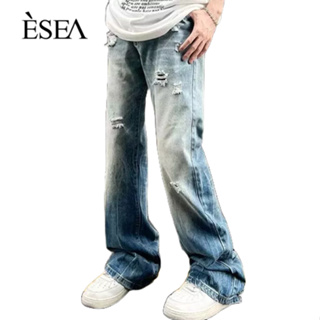 ESEA กางเกงยีนส์ผู้ชายทรงหลวมแฟชั่นสบาย ๆ ตรงกางเกงผู้ชายแนวกลางขึ้นยอดนิยมทั้งหมด