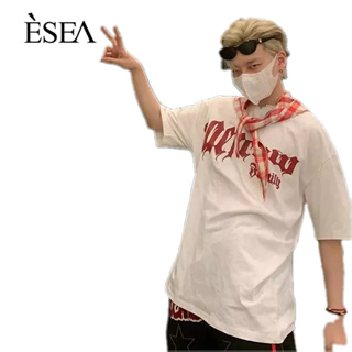 ESEA  เสื้อยืดผู้ชายหลวมและอเนกประสงค์เสื้อยืดผู้ชายลำลองอเมริกันเทรนด์ใหม่ในแขนสั้นคู่ถนน