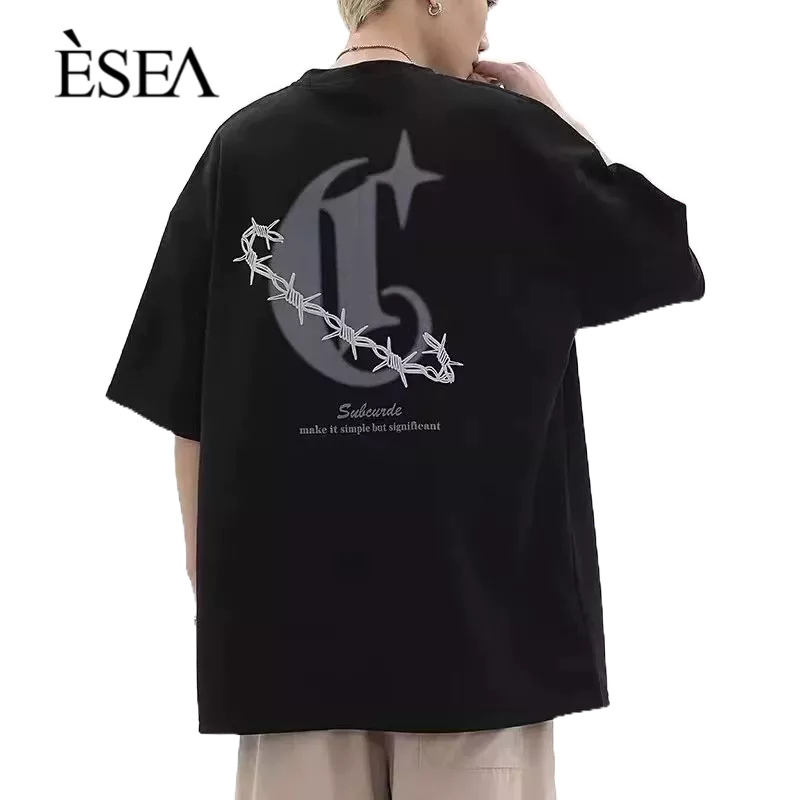 esea-เสื้อยืดผู้ชายแนวสตรีทสไตล์หลวมๆ-เสื้อยืดคู่รักพิมพ์ลายแฟชั่นคอกลมแขนสั้น