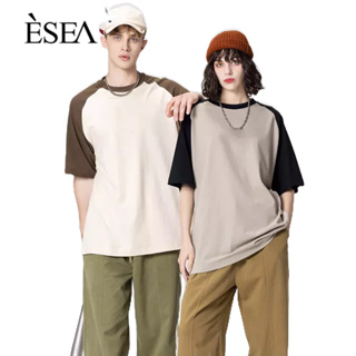ESEA ผู้ชายเสื้อยืดแนวโน้มอเมริกันหลวมคู่เสื้อยืดความคมชัดสีลำลองแขนสั้น