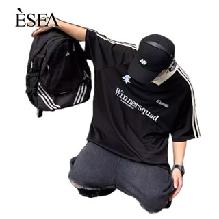 ESEA เสื้อยืดผู้ชายแนวฮิปฮอปหลวมเสื้อยืดผู้ชายใหม่สามแถบย้อนยุคกีฬาแขนสั้น