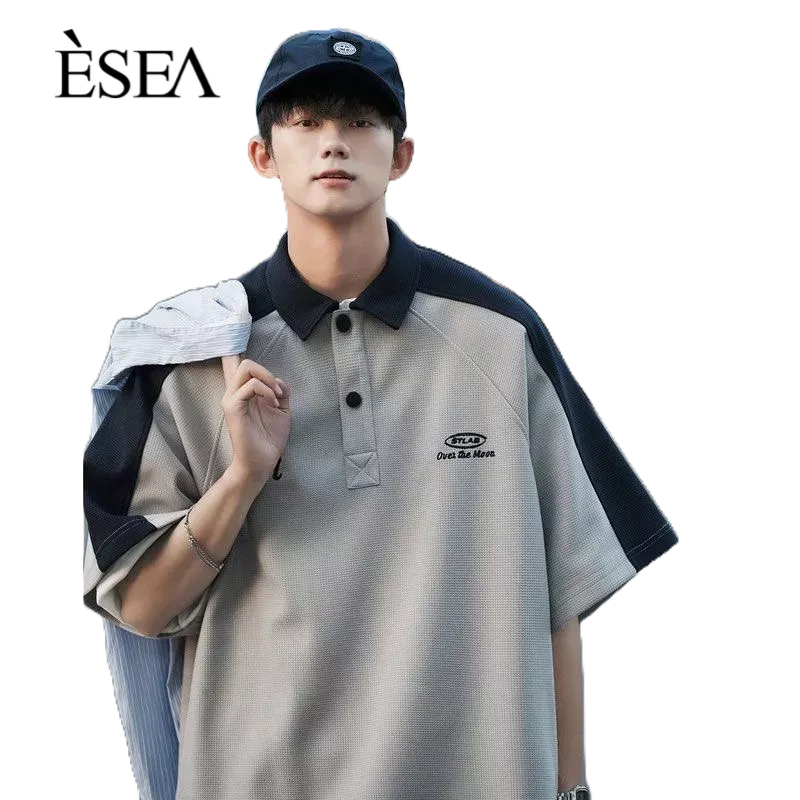 esea-เสื้อยืดผู้ชายหลวมประกบแฟชั่นเสื้อโปโลผู้ชายอเนกประสงค์เทรนด์ญี่ปุ่นแขนสั้นใหม่