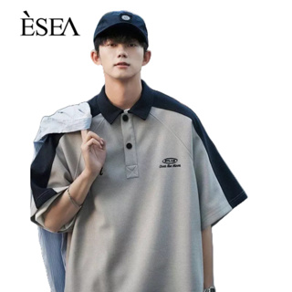 ESEA เสื้อยืดผู้ชายหลวมประกบแฟชั่นเสื้อโปโลผู้ชายอเนกประสงค์เทรนด์ญี่ปุ่นแขนสั้นใหม่