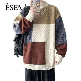 ESEA เสื้อสเวตเตอร์ชายคอเต่าครึ่งตัวเย็บปะติดปะต่อกันเกาหลีหลวมและถักอเนกประสงค์