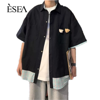 ESEA เสื้อเชิ้ตผู้ชายแฟชั่นปลอมสองชิ้นเครื่องมือหลวมเสื้อเชิ้ตผู้ชายแนวโน้มการออกแบบเฉพาะผู้ชายแขนสั้น