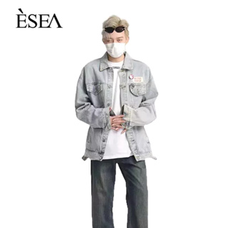 ESEA เสื้อโค้ทผู้ชาย: ฤดูใบไม้ผลิและฤดูใบไม้ร่วงเดนิมใหม่ปกที่เรียบง่ายแขนยาววรรณกรรมฮาราจูกุแฟชั่นแบรนด์หลวมเสื้อโค้ทลําลองของผู้ชาย