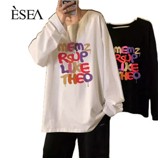 ESEA เสื้อยืดแขนยาวสำหรับผู้ชายคอกลมหลวมผ้าฝ้ายพิมพ์ลาย    การเชื่อมต่อแบบเรียบง่าย