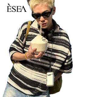 ESEA ผู้ชายเสื้อยืดฤดูร้อนปกหลวมลำลองผู้ชายเสื้อยืดย้อนยุคสีลายกลวงถักสั้น-แขน