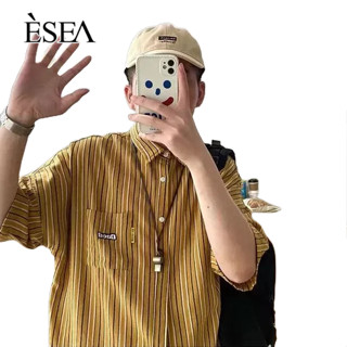 ESEA เสื้อเชิ้ตผู้ชายหลวมสบาย ๆ เสื้อเชิ้ตผู้ชายลายทางหลวมสไตล์เกาหลีแขนสั้นผู้ชาย