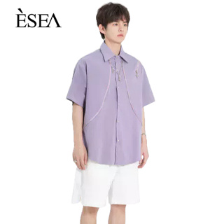 ESEA เสื้อเชิ้ตผู้ชายหลวมแฟชั่นเสื้อเชิ้ตผู้ชาย Ins แขนสั้นออกแบบซิปโลหะสีม่วง