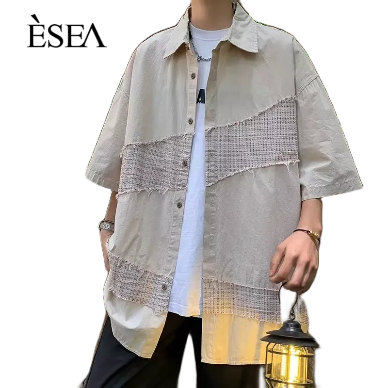 esea-เสื้อเชิ้ตผู้ชาย-เทรนด์ใหม่-เสื้อเชิ้ตลำลองผู้ชาย-หลวม-ทุกวัน-แฟชั่น-สีทึบ-แขนสั้น