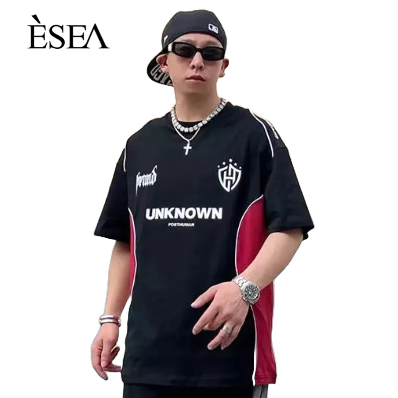esea-เทรนด์เสื้อยืดผู้ชายคอกลมพิมพ์ลายตัวอักษรแขนสั้นหลวมแฟชั่นเสื้อยืดผู้ชาย