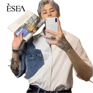 ESEA ผู้ชายเสื้อลำลองหลวมแฟชั่นเสื้อผู้ชายยีนส์เย็บแฟชั่นระดับไฮเอนด์ผู้ชายสั้น-แขน