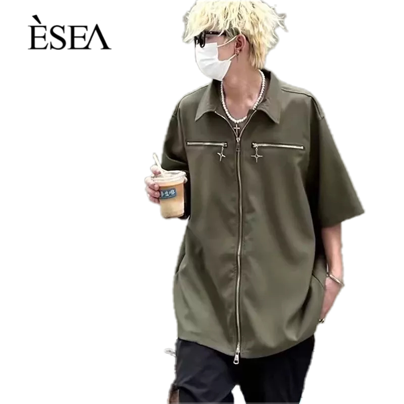 esea-เสื้อเชิ้ตผู้ชาย-ซิปหน้า-ดีไซน์แนวสตรีทแฟชั่น-เสื้อเชิ้ตผู้ชาย-เทรนด์ใหม่-แขนสั้น-ยอดนิยม