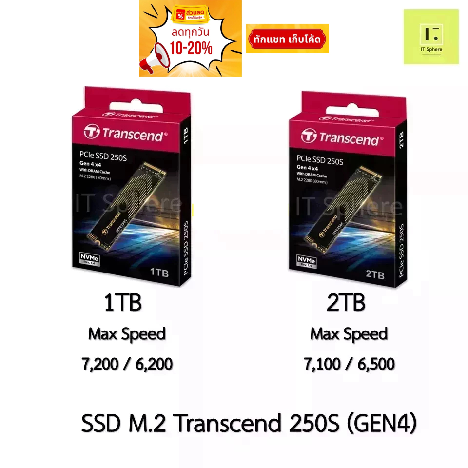 SSD M.2 1TB // 2TB Transcend 250S NVMe (GEN4) With heatsink SSD