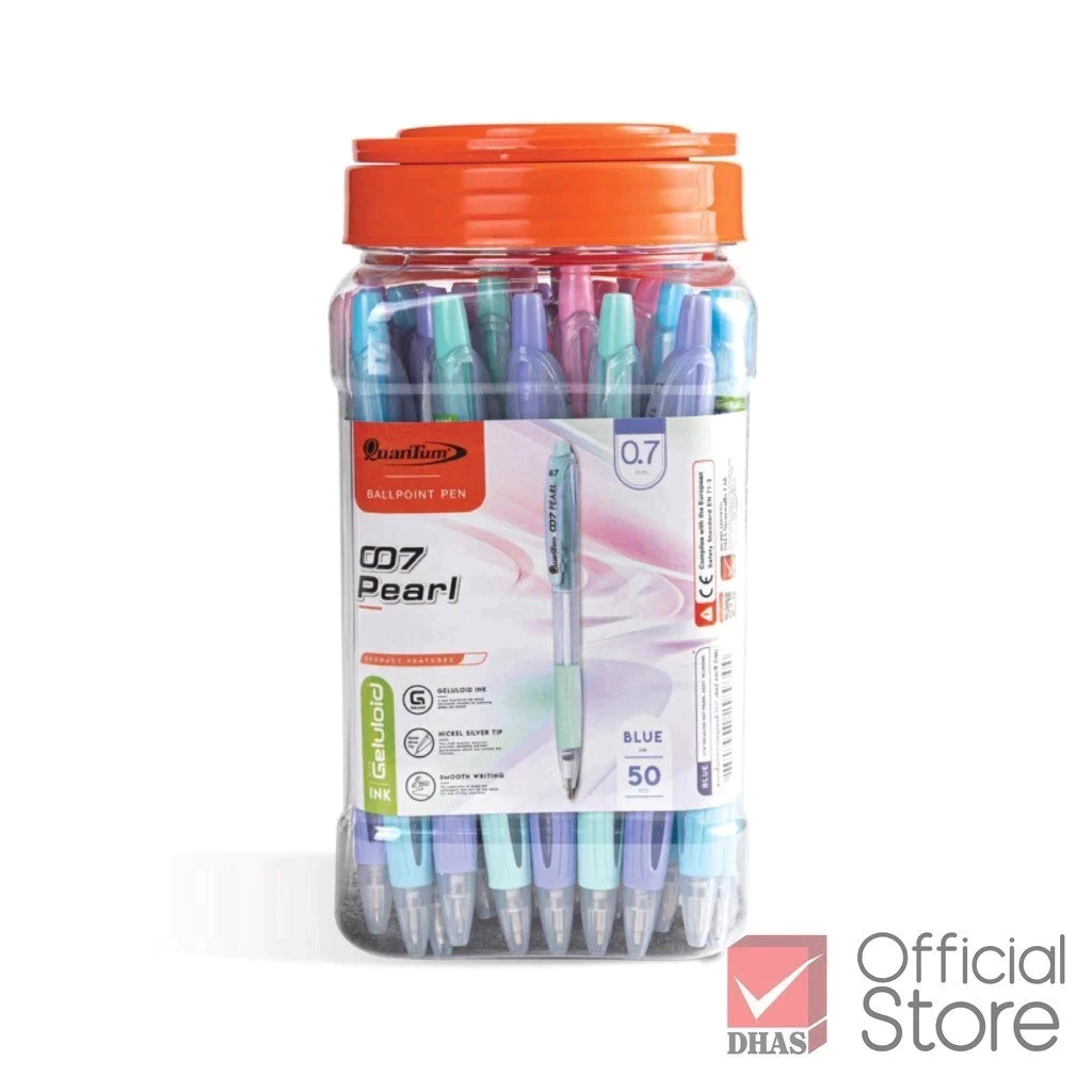 Quantum ปากกาลูกลื่น รุ่น 007 Pearl (เพิลล์) 0.7 มม. หมึก Geluloid น้ำเงิน – กระปุก 50 ด้าม
