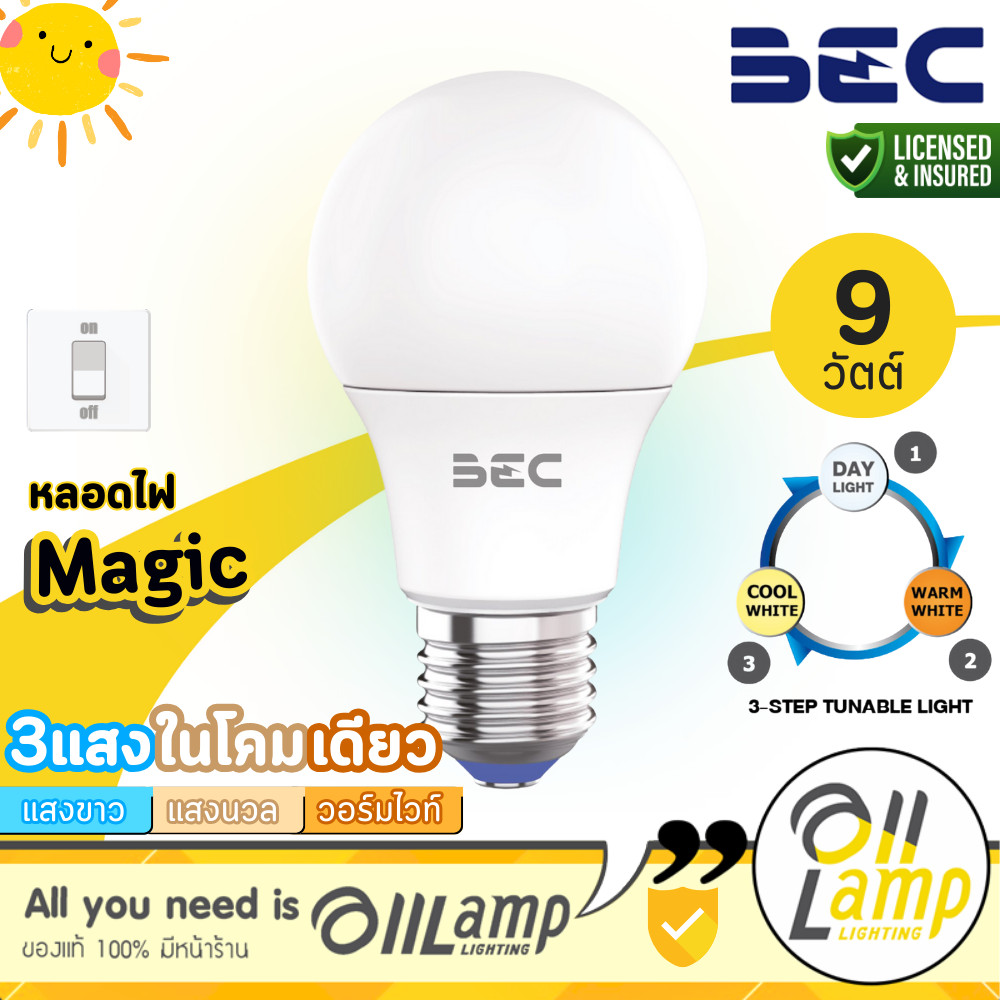 BEC Magic หลอดไฟ Led Bulb ขนาด 9W เปลี่ยนได้ 3 แสง ด้วยสวิตช์ทั่วไป ออก ...