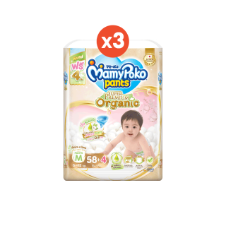 MamyPoko Pants มามี่โพโค กางเกงผ้าอ้อมเด็ก ซุปเปอร์ พรีเมี่ยม ออร์แกนิค ไซส์ S 62+6 ชิ้น ไซส์ S-XXL x 3 แพ็ค ขายยกลัง