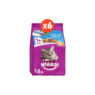 WHISKAS วิสกัส อาหารแมวชนิดแห้ง - อาหารแมวแบบถุง รสโกเม่ ซีฟู้ด (แพ็ก 6), 1.2 กก. อาหารสัตว์เลี้ยงซึ่งมีสารอาหารครบถ้วนและสมดุล สูตรแมวโต 1 ปีขึ้นไป