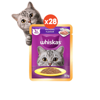 [ส่งฟรี ขายดี] อาหารเปียกแมว WHISKAS แบบซอง - 80 กรัม (28 ซอง) - โภชนาการครบถ้วนและสมดุลสำหรับแมวทุกวัย